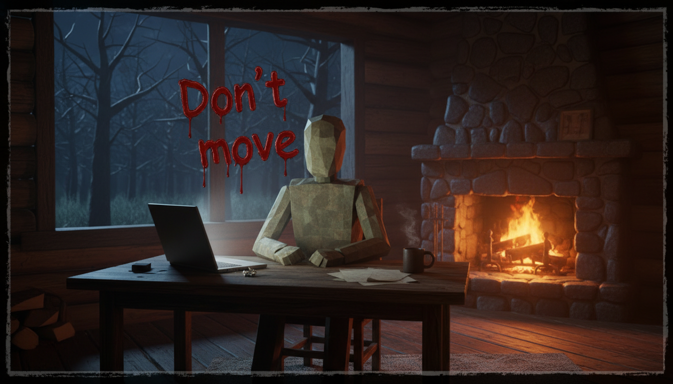 Simple documentary style blender 3d style. The faceless character model is sat behind a desk in a cabin at night. The text "Dont move" is written in blood behind him. The camera is face front.